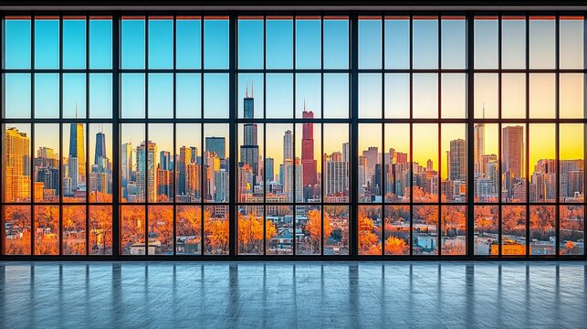 Chicago skyline from warehouse window view from inventory inside