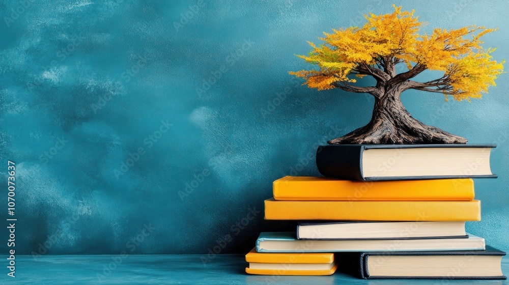Poster create a tranquil reading nook with books and a tree sculpture