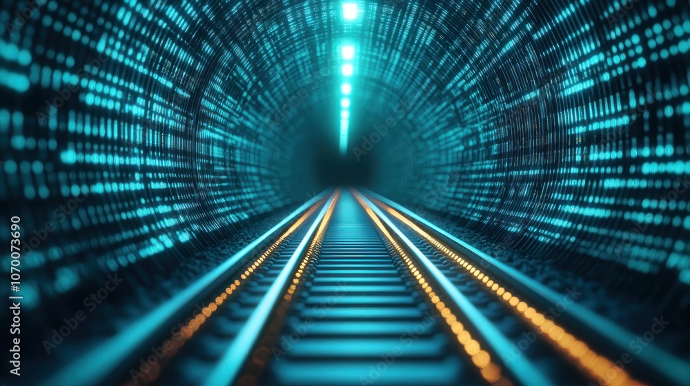 Poster explore the digital tunnel journey with vibrant light patterns