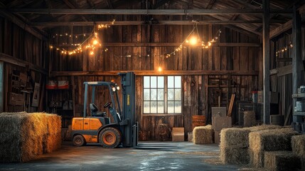 A rustic barn with warm lights and a forklift ready for work amidst bales of hay in a serene rural setting at dusk. Generative AI