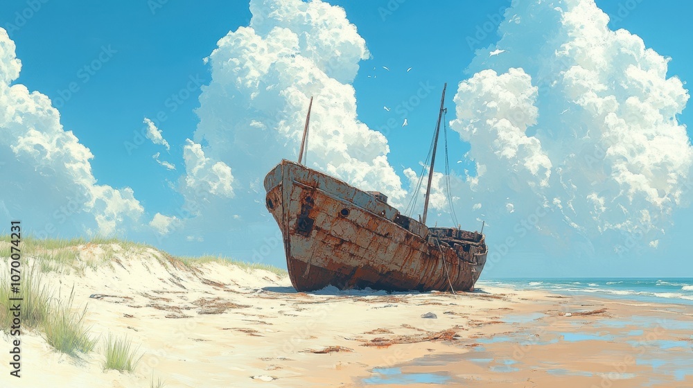 Poster rusting shipwreck abandoned on a tranquil beach under a bright blue sky with fluffy clouds and gentl