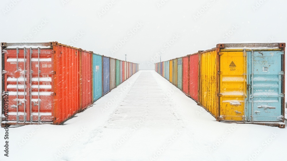 Poster colorful shipping containers lined in snow under a gray winter sky at a remote location creating a s