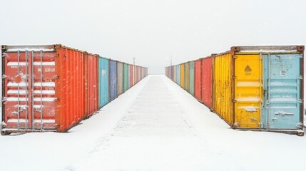 Colorful shipping containers lined in snow under a gray winter sky at a remote location creating a striking contrast with nature. Generative AI