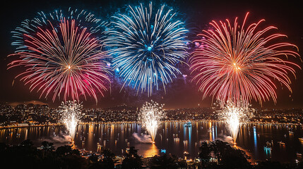 Obraz premium Night Sky Symphony: Fireworks explode over a cityscape, illuminating the night sky with vibrant bursts of color and light. The dazzling spectacle creates a sense of awe and wonder.