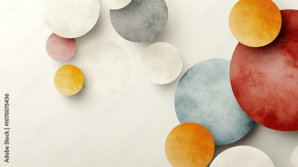 Poster a combination of curves and circles floating in space on a light gray background creates a sense of 