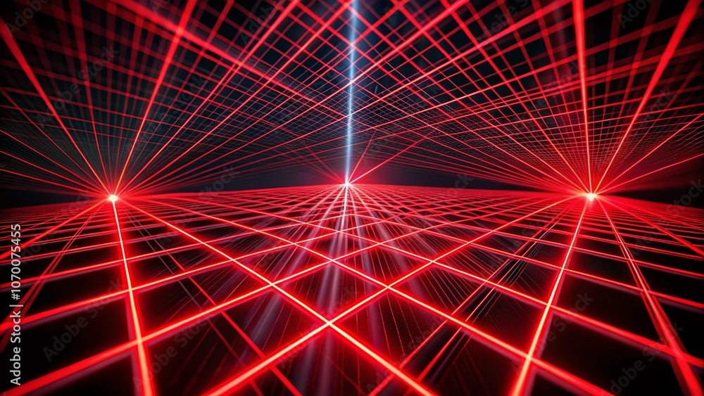 Poster abstract minimalist photography of red laser lights creating a geometric grid pattern on a dark back