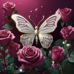 a romantic fantasy scene featuring a soft fuchsia and white rose with an elegantly inscribed heart