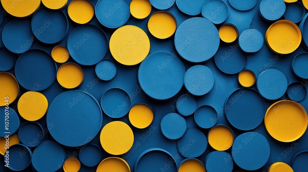 Poster a pattern of overlapping and orderly circles of various sizes in shades of blue and yellow gives a m
