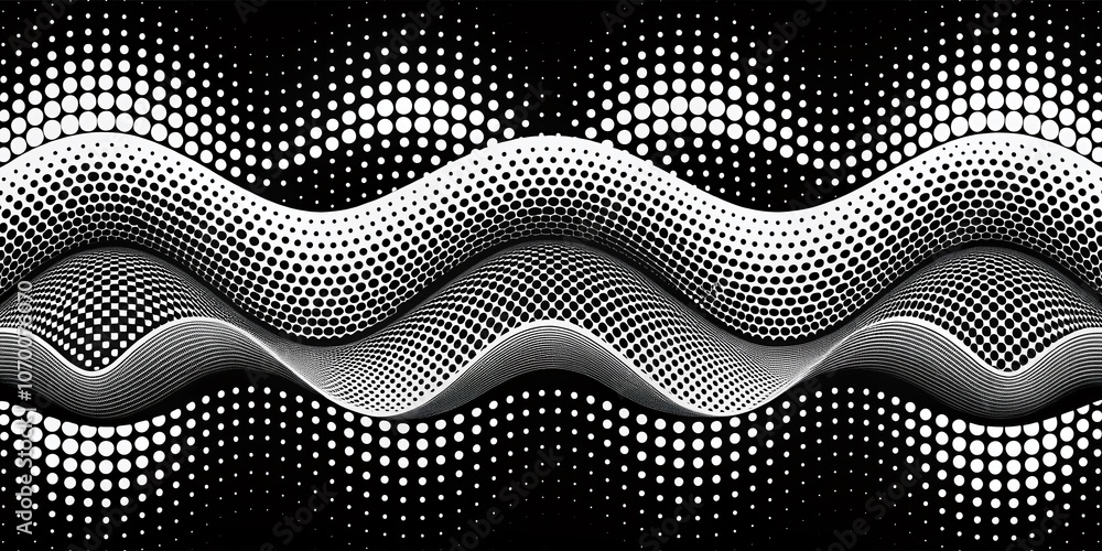 Poster abstract seamless vector pattern with halftone waves creating a monochrome effect in double exposure