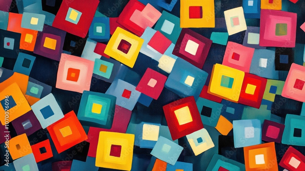 Poster A pattern of overlapping squares in bright colors in a free-form pattern Create a sense of movement and fun