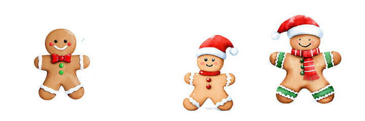 Christmas decoration featuring a watercolor gingerbread man cookie wearing a Santa hat. Isolated on transparent background.  format.