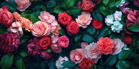 Fototapeta premium Vibrant garden roses in full bloom showcasing a stunning array of colors and natural beauty.