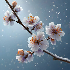 a cherry blossom branch with lavender and sky-blue petals, each petal glowing softly against a snowy background