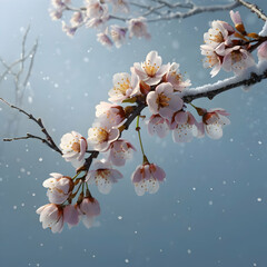 a cherry blossom branch with lavender and sky-blue petals, each petal glowing softly against a snowy background