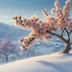 a cherry blossom branch with lavender and sky-blue petals, each petal glowing softly against a snowy background