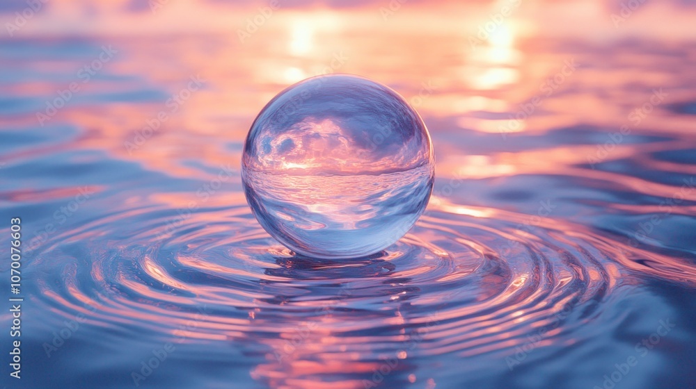 Poster a transparent globe floating on a water-like surface reflecting light from the light source with bri