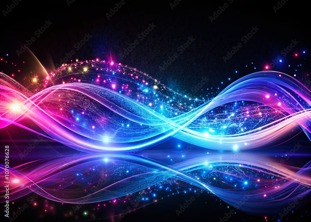 Aufkleber abstract waves of light with glowing particles in dynamic motion and vibrant colors against a dark b