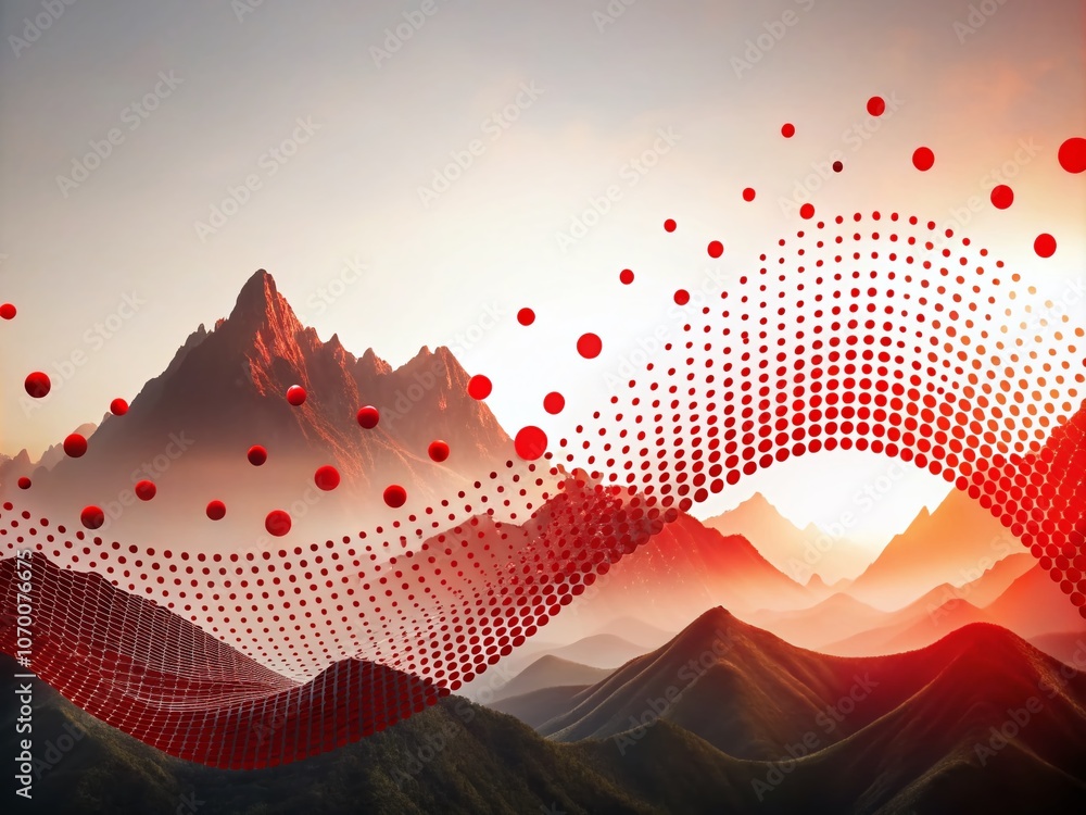 Poster abstract white background with red dots and lines creating a wave pattern on mountain surfaces for a