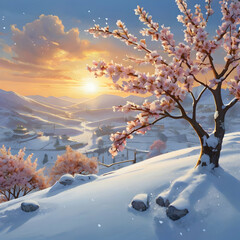 a cherry blossom branch with lavender and sky-blue petals, each petal glowing softly against a snowy background