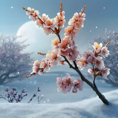 a cherry blossom branch with lavender and sky-blue petals, each petal glowing softly against a snowy background
