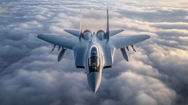 Military jet fighter aircraft soaring above the vast cloud canopy