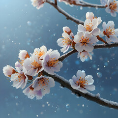 a cherry blossom branch with lavender and sky-blue petals, each petal glowing softly against a snowy background