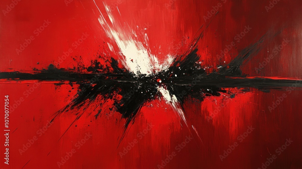 Poster brush strokes and spreads of paint in a splash style with red and black create an intense atmosphere