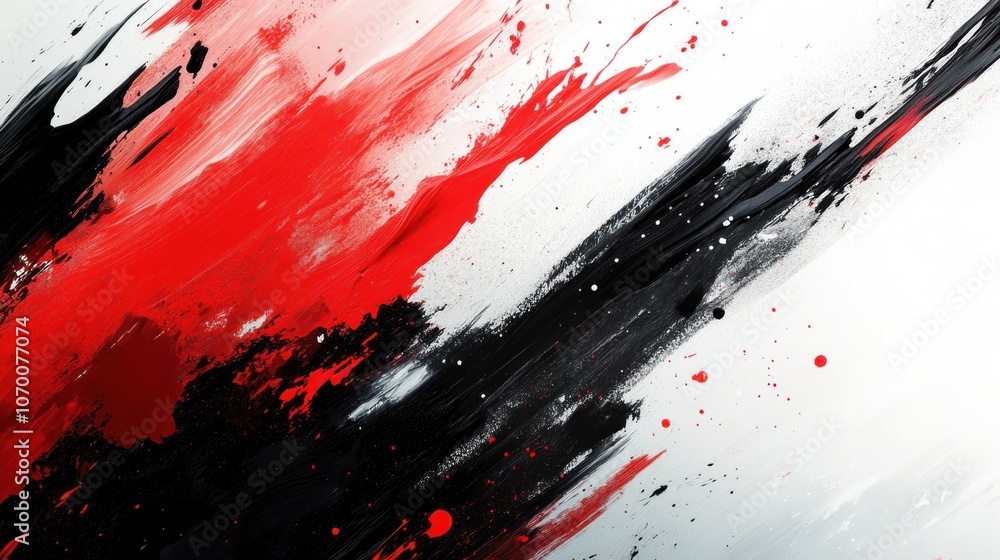 Poster brush strokes and spreads of paint in a splash style with red and black create an intense atmosphere