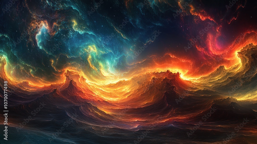 Poster digital landscape rendered with vibrant colors and swirling curves, creating a surreal and futuristi