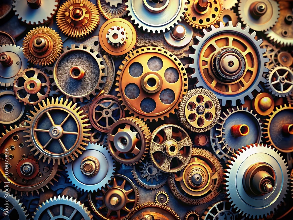 Poster a collection of vector illustration icons featuring different gears in macro photography style with 