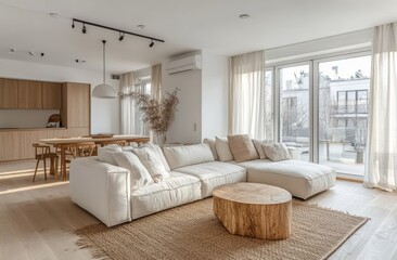 Fototapeta premium Bright and airy modern apartment interior with wooden accents featuring a cozy white sofa in a sunlit room, light wood floors, and large windows overlooking the cityscape creating a serene and