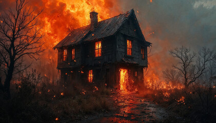 Abandoned House Engulfed in Flames at Night