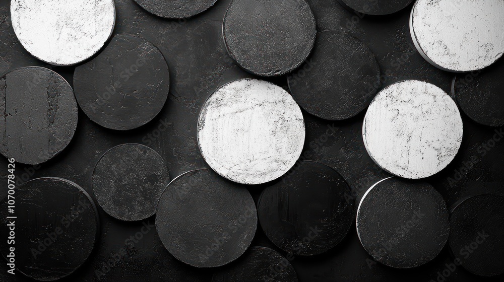 Poster layered circles in black and white create a sense of symmetry and complexity.