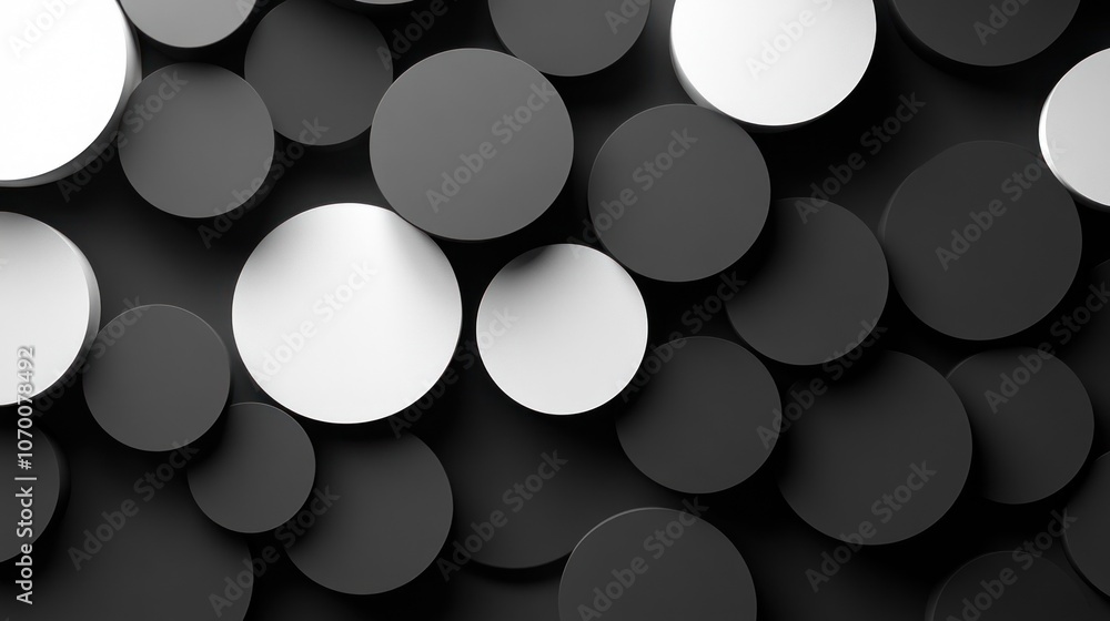 Poster layered circles in black and white create a sense of symmetry and complexity.