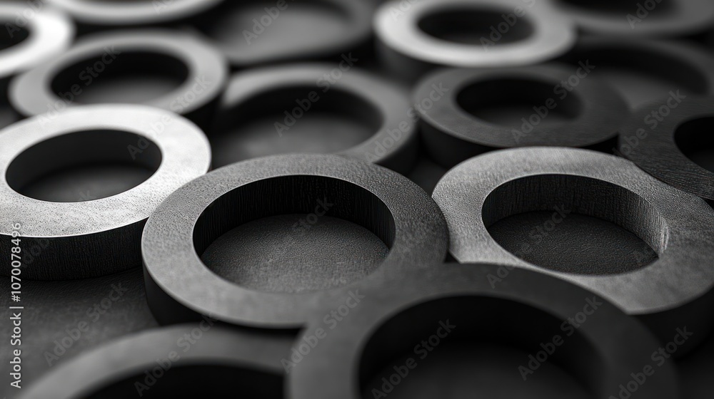Poster layered circles in black and white create a sense of symmetry and complexity.