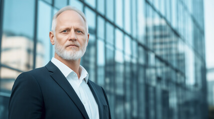 Senior executive with gray hair in business attire, standing confidently. Corporate leader in front of modern glass building, embodying. Senior executive, corporate authority, business ambition.