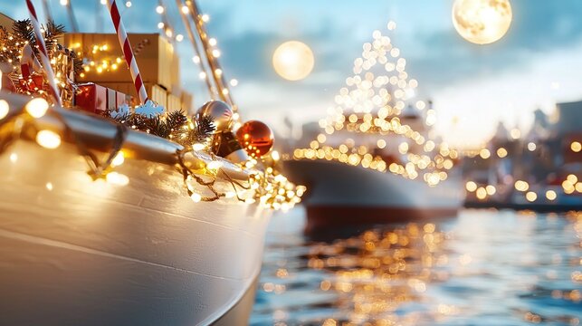 Logistic Christmas and New Year concept. A festive scene featuring decorated boats with Christmas lights and a glowing tree in the background, creating a magical holiday atmosphere.