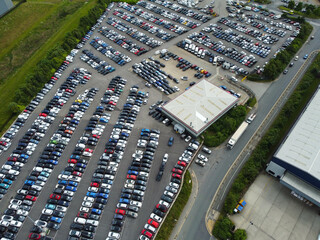 High Angle View of Industrial Estate and Warehouses at Leeds City of United Kingdom. Aerial Footage...