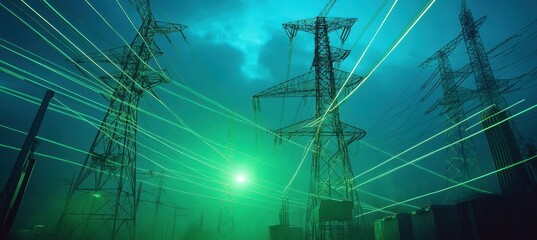 Illuminated power lines with green laser beams creating a futuristic electrical grid against a moody evening sky