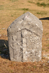 Necropolis Velika and Mala Crljivica (Big and Small Crljivica) near the village of Cista Velika in Croatia with tombstone decorated with intricate carvings