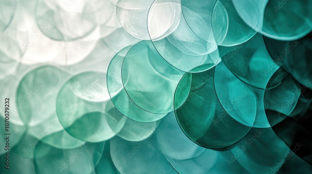 Poster the image of a series of transparent circles in green and blue tones, layered in a dimensional way, 