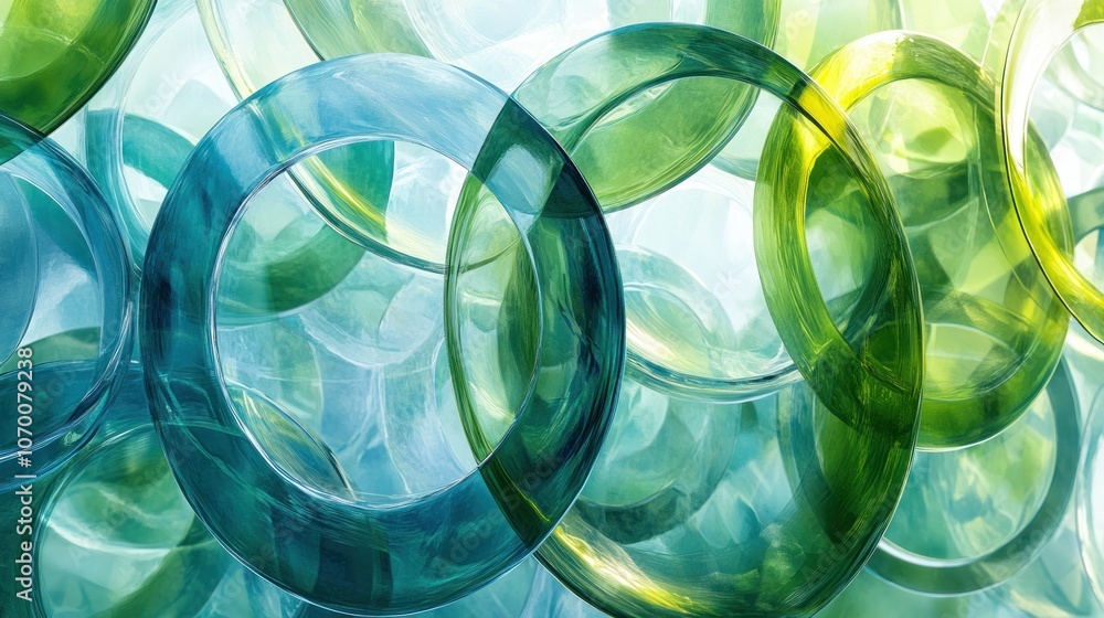 Poster the image of a series of transparent circles in green and blue tones, layered in a dimensional way, 