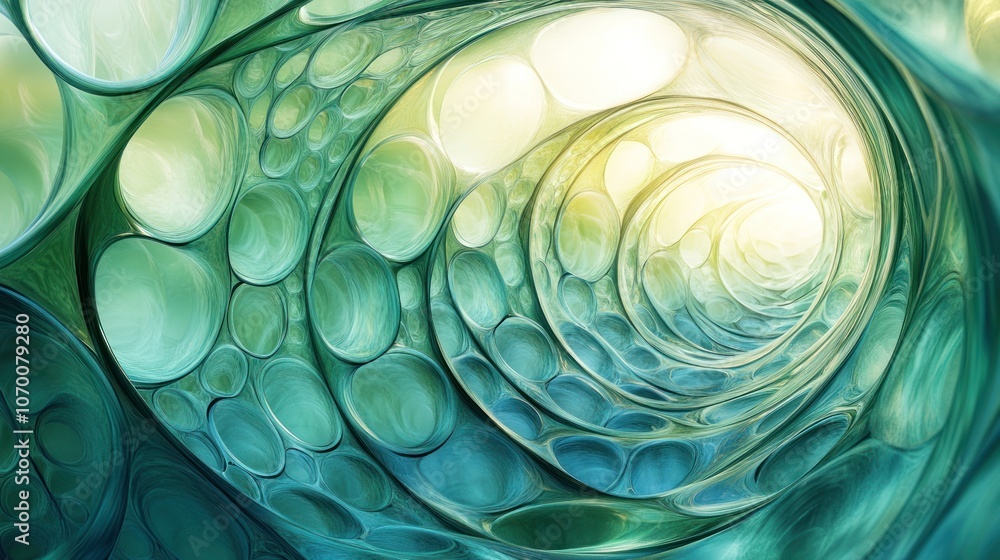 Poster the image of a series of transparent circles in green and blue tones, layered in a dimensional way, 