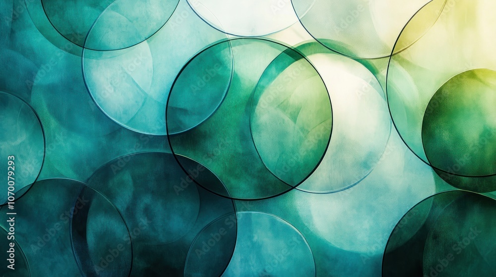 Poster the image of a series of transparent circles in green and blue tones, layered in a dimensional way, 