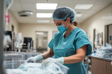 Nurse providing wound care for a postoperative patient, clean recovery room, focus on wound management and patient recovery 