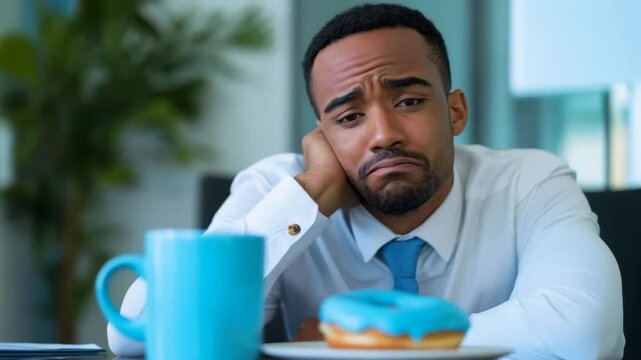Bored office worker staring at donut and coffee break in modern workspace