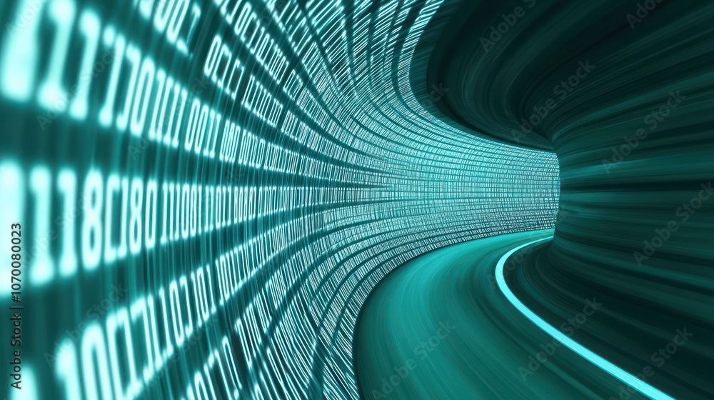 Poster explore the digital tunnel of data flowing in modern technology