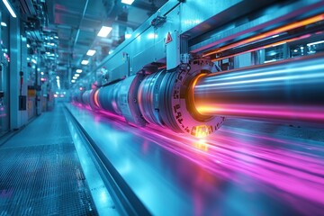 Industrial Printing Press with Moving Metal Rollers and Bright Lights