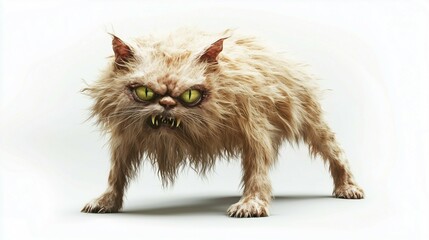 ugly evil angry monster cat with furious eyes isolated on light white background