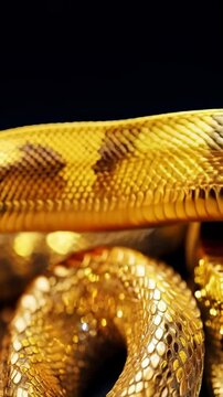 Gleaming golden snake with intricate scales and reflective textures in close-up